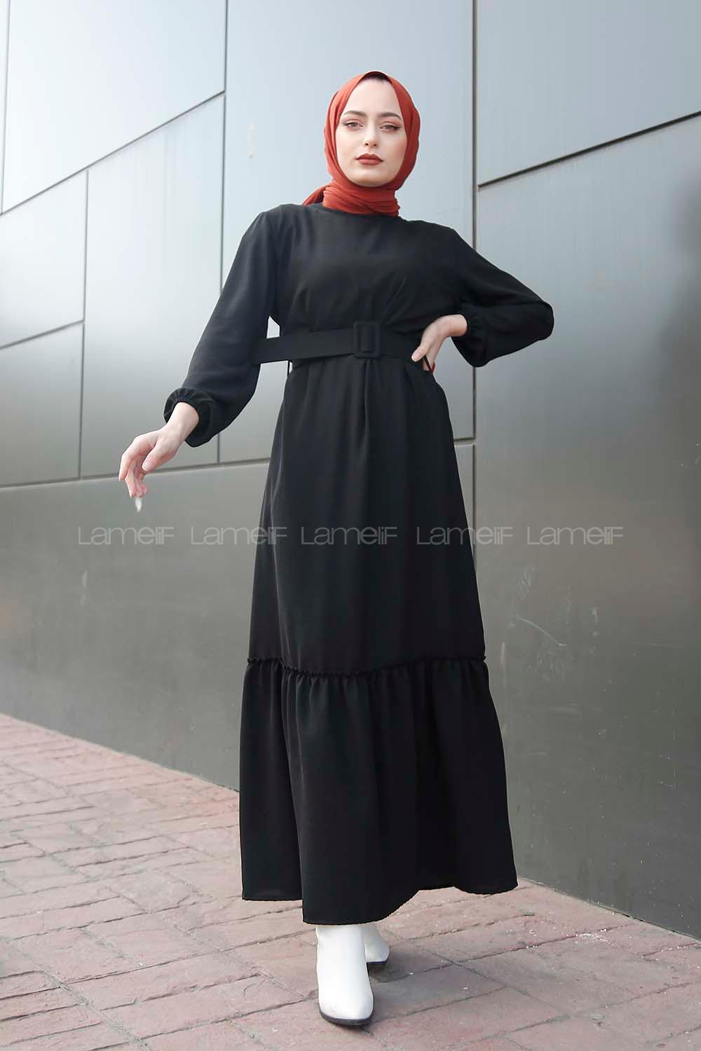 Modalamelif Kemerli Ayrobin Elbise Siyah