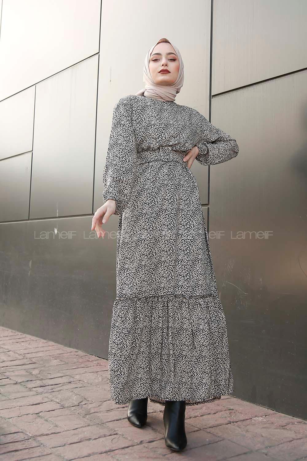 Modalamelif Kemerli Leopar Desen Elbise Bej