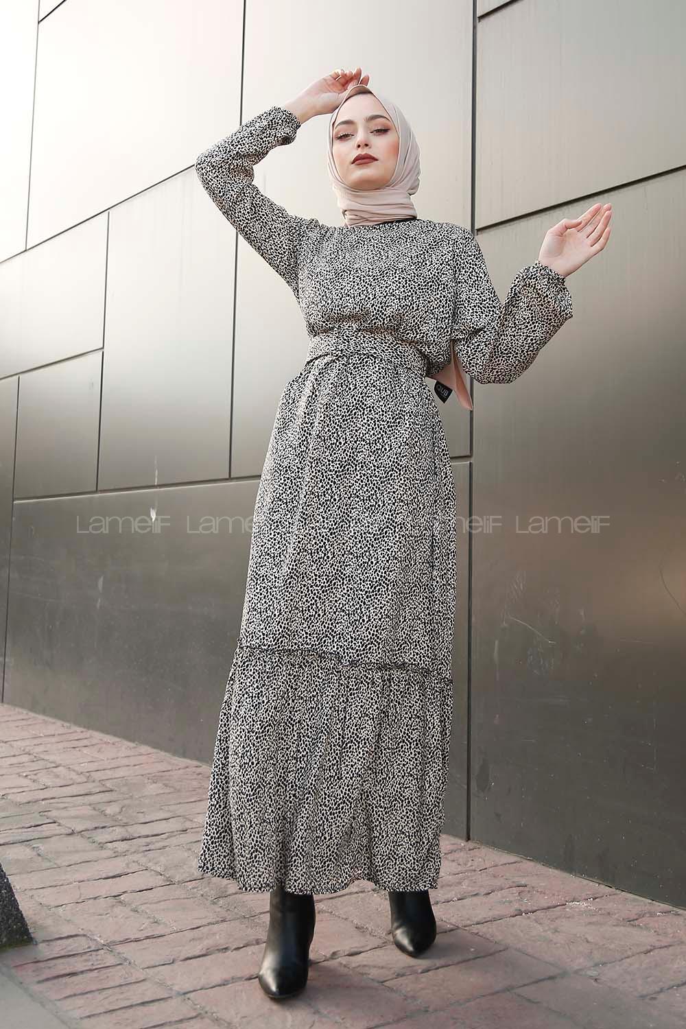 Modalamelif Kemerli Leopar Desen Elbise Bej