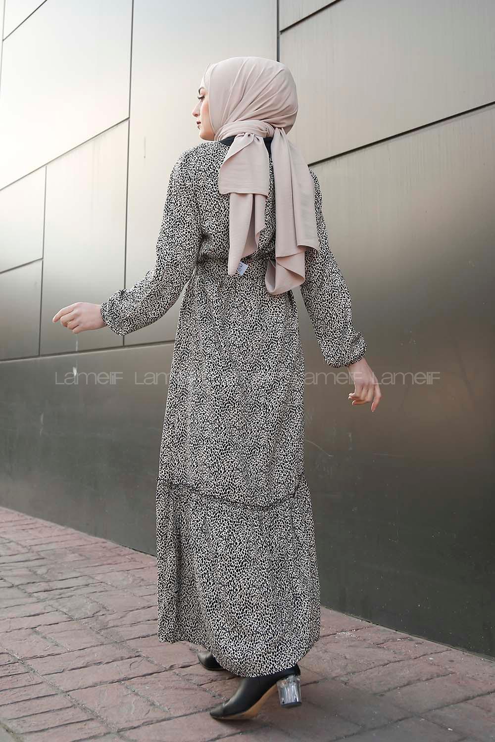 Modalamelif Kemerli Leopar Desen Elbise Bej