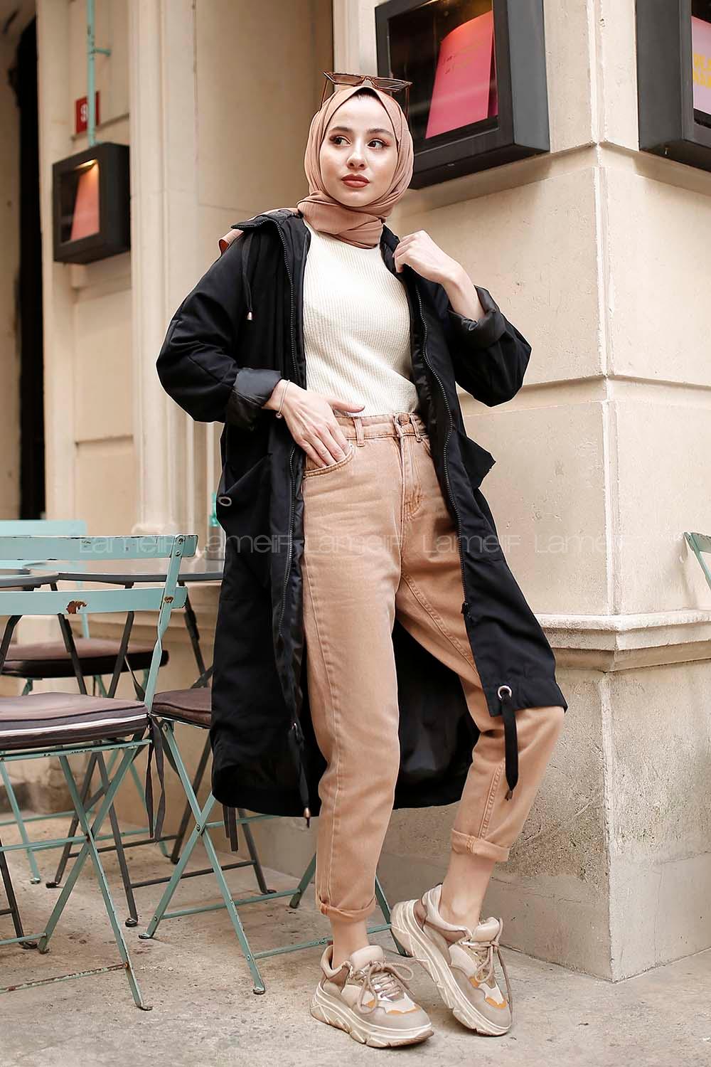 Modalamelif Kuş Gözlü Kapşonlu Uzun Kaban Siyah