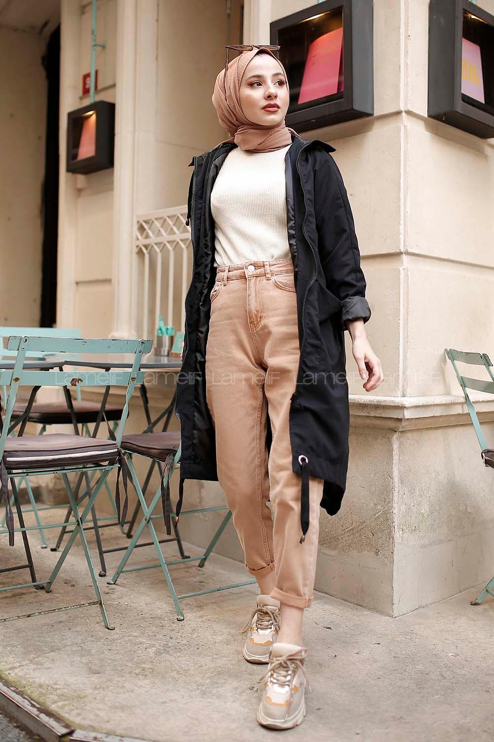 Modalamelif Kuş Gözlü Kapşonlu Uzun Kaban Siyah