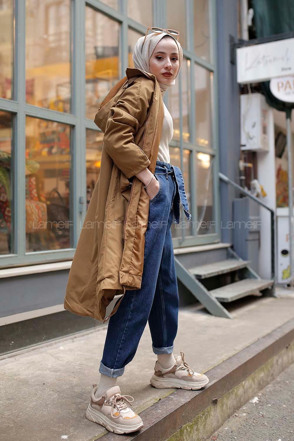 Modalamelif Kuş Gözlü Kapşonlu Uzun Kaban Yağ Yeşili