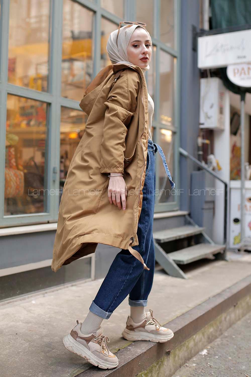 Modalamelif Kuş Gözlü Kapşonlu Uzun Kaban Yağ Yeşili