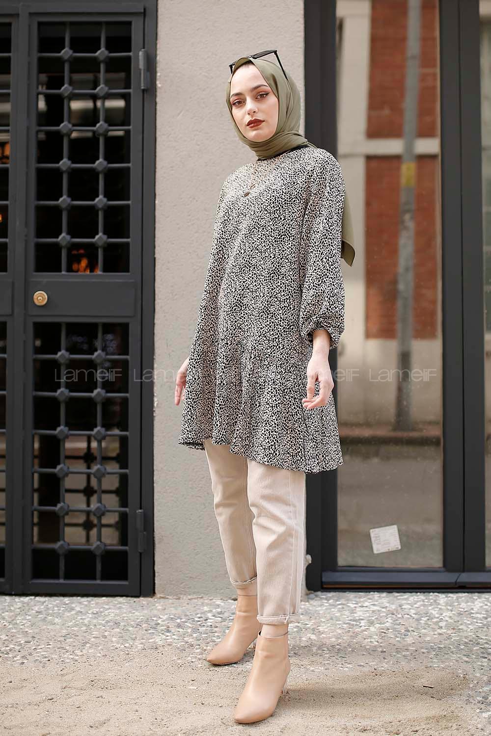Modalamelif Leopar Desen Tunik Bej