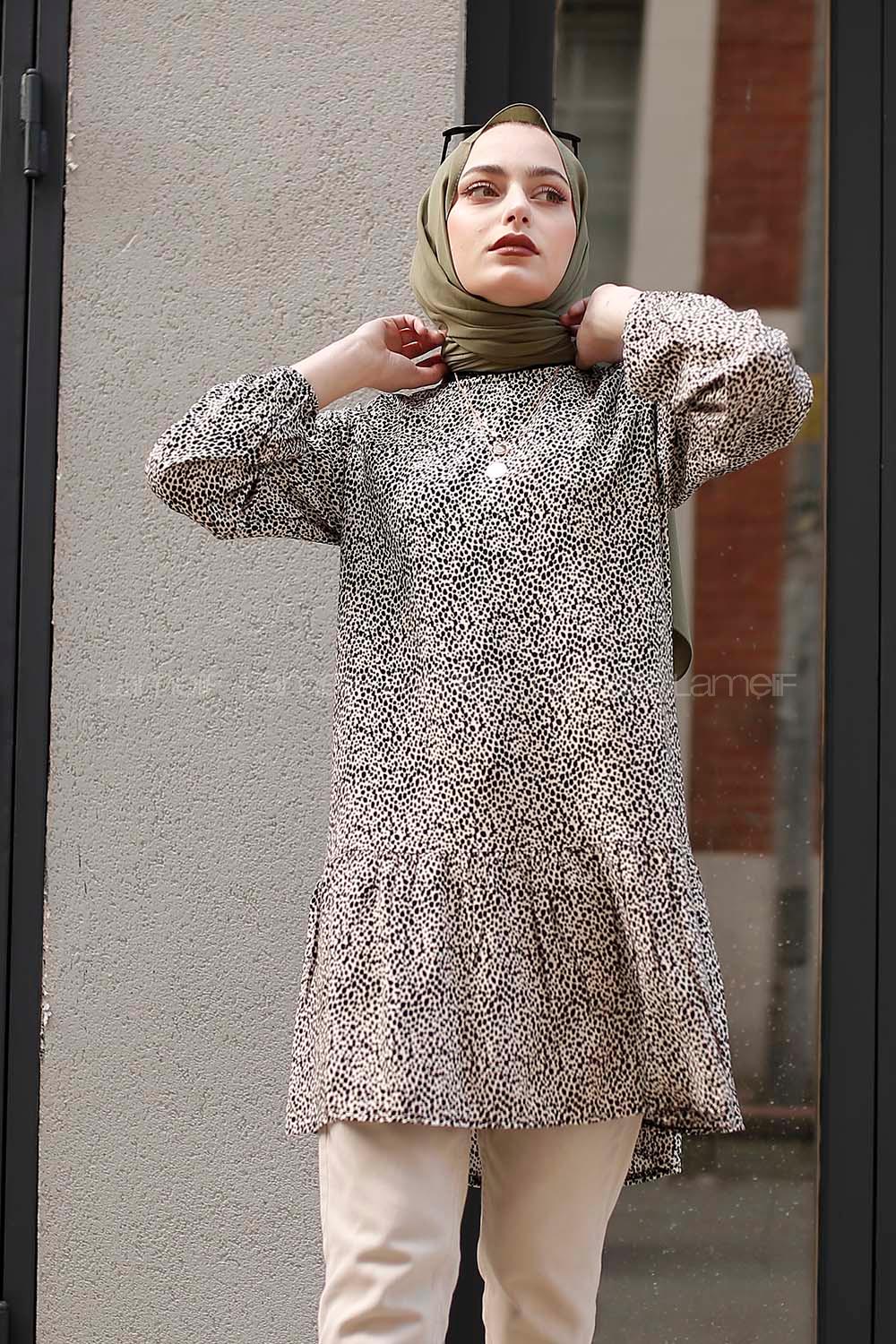 Modalamelif Leopar Desen Tunik Bej