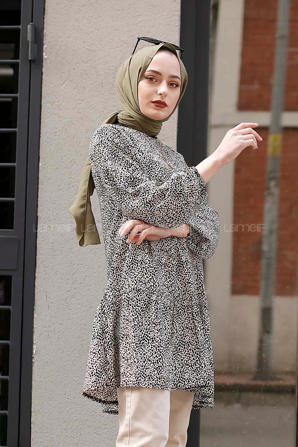 Modalamelif Leopar Desen Tunik Bej