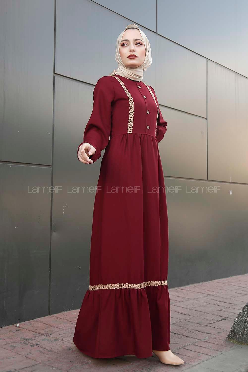 Modalamelif Önü Tahta Düğmeli Hasır Detaylı Elbise Bordo
