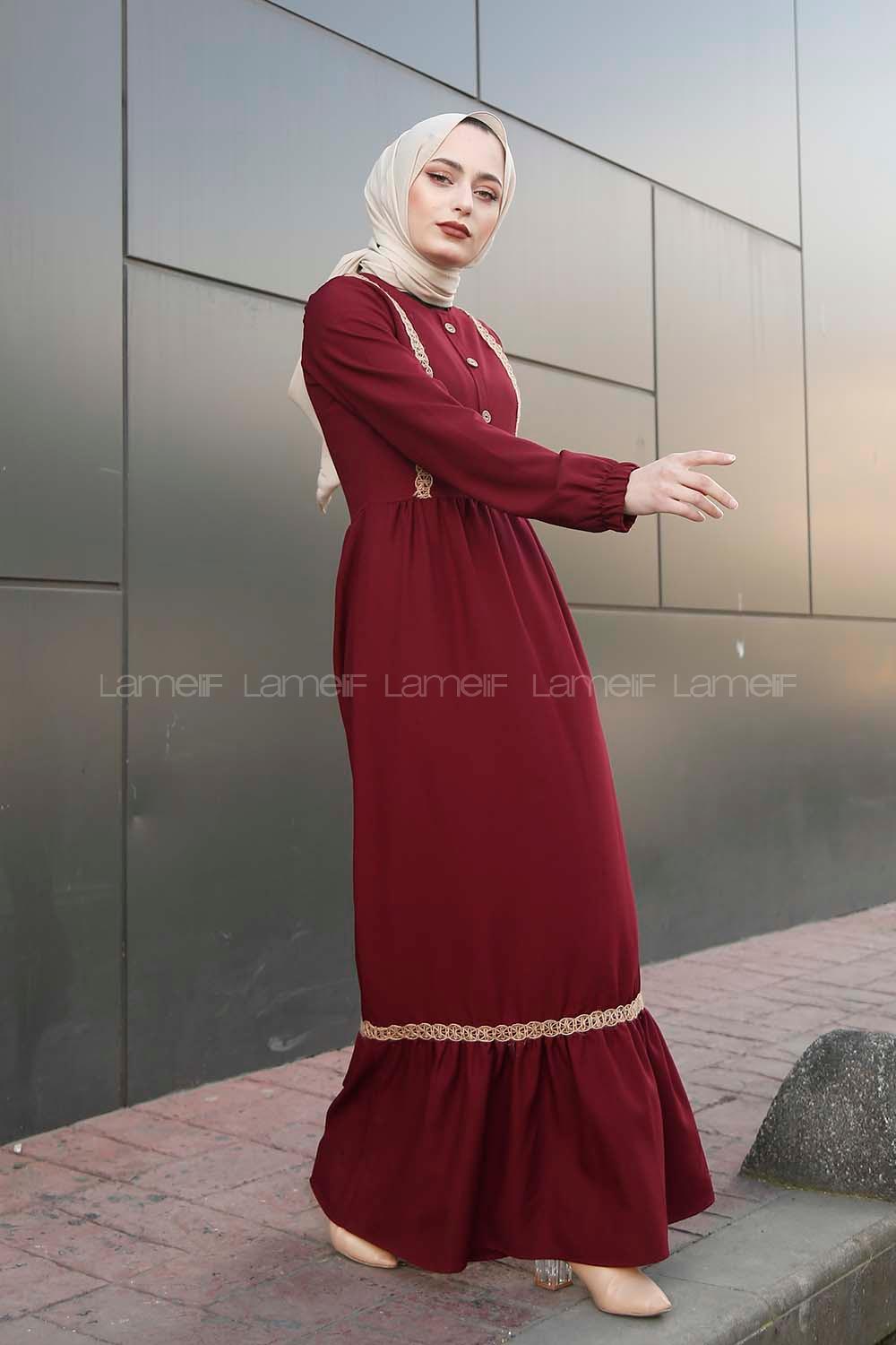 Modalamelif Önü Tahta Düğmeli Hasır Detaylı Elbise Bordo