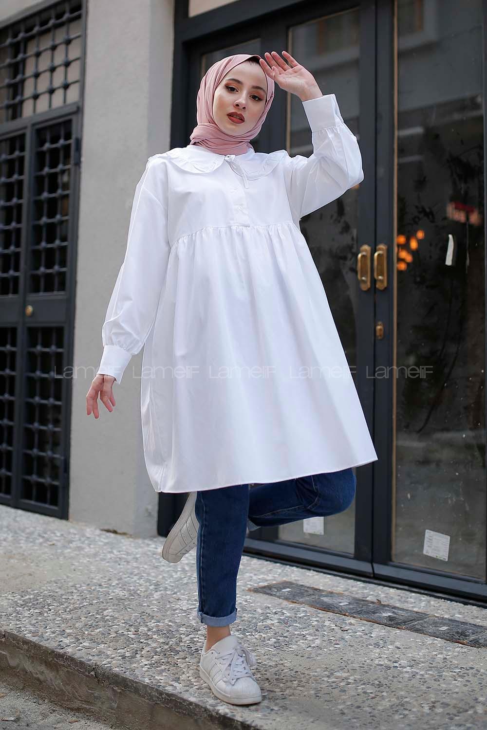 Modalamelif Pelerinli  Gömlek Beyaz