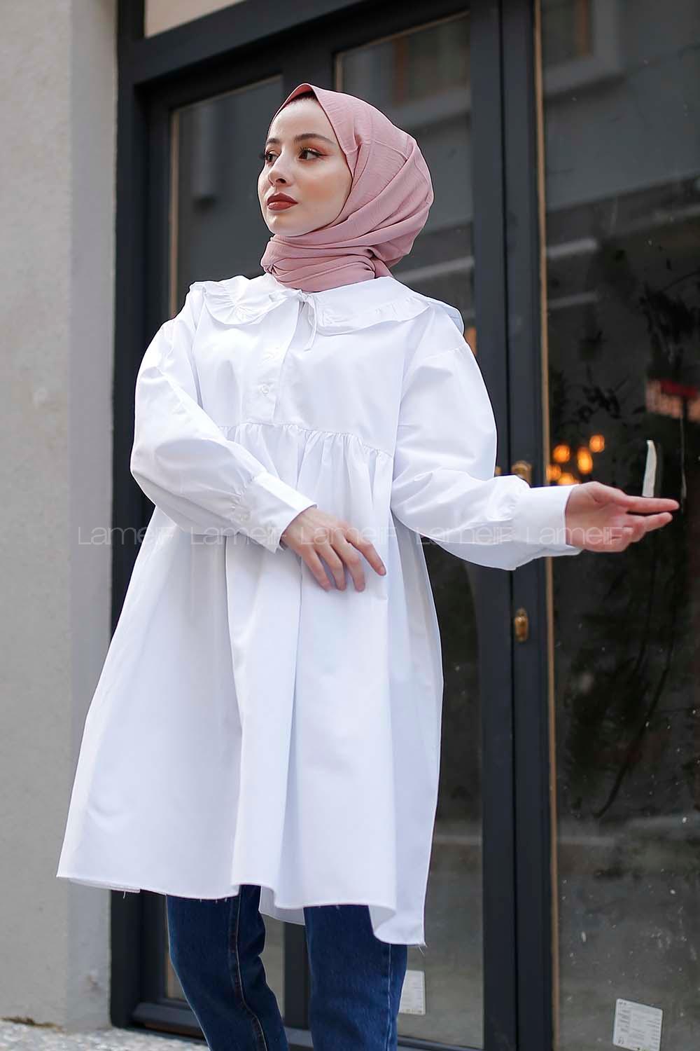 Modalamelif Pelerinli  Gömlek Beyaz