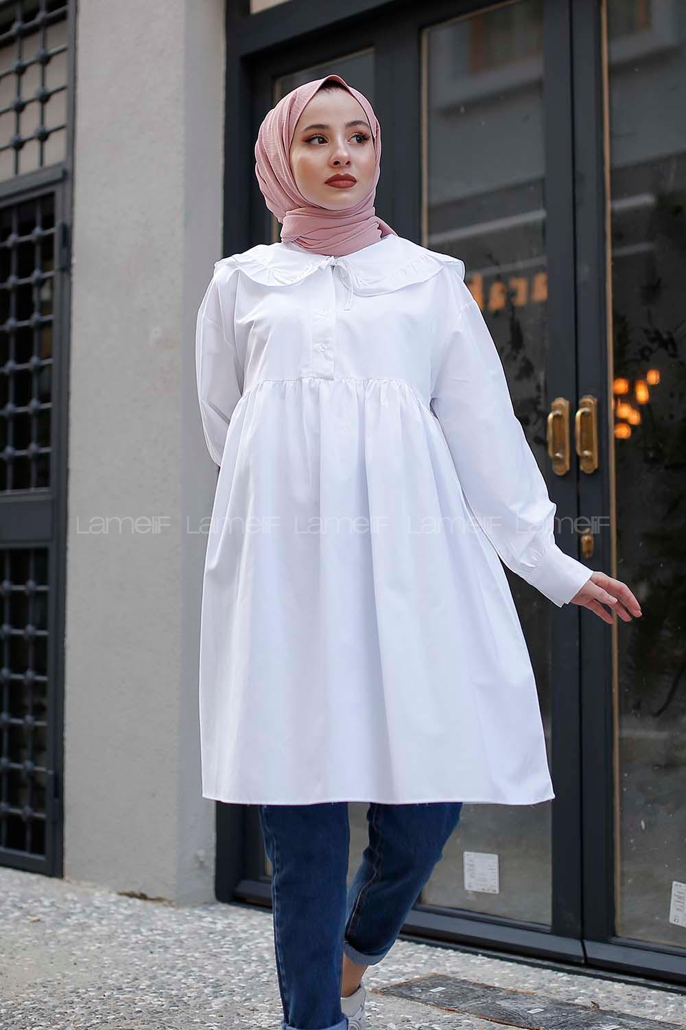 Modalamelif Pelerinli  Gömlek Beyaz