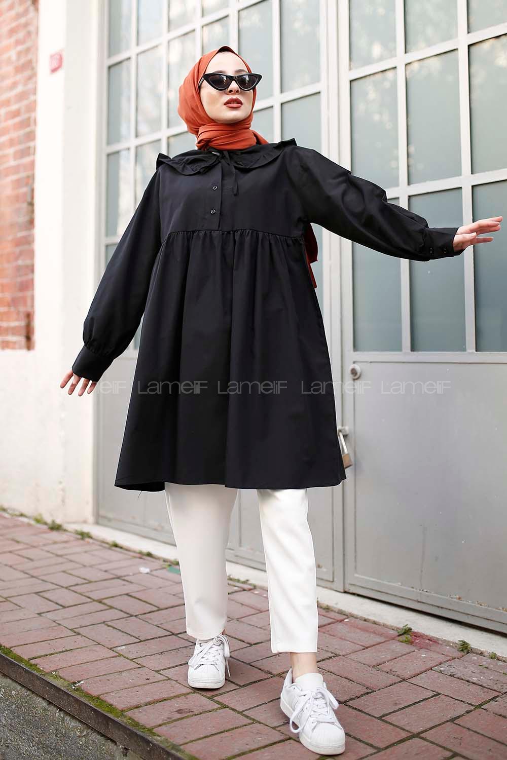 Modalamelif Pelerinli  Gömlek Siyah