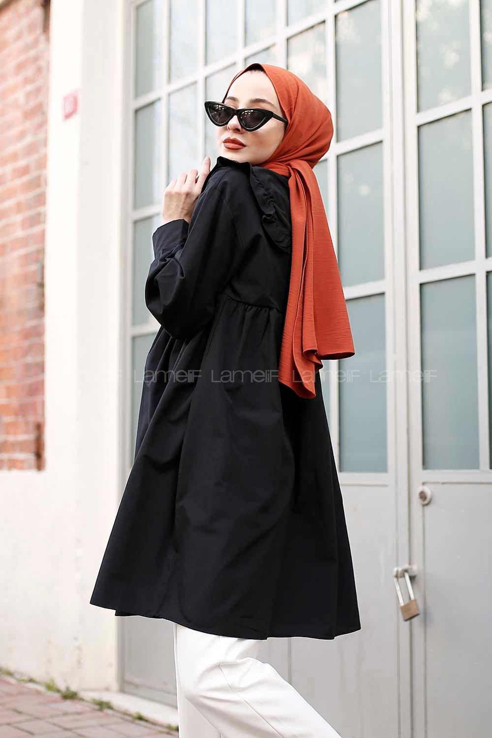 Modalamelif Pelerinli  Gömlek Siyah