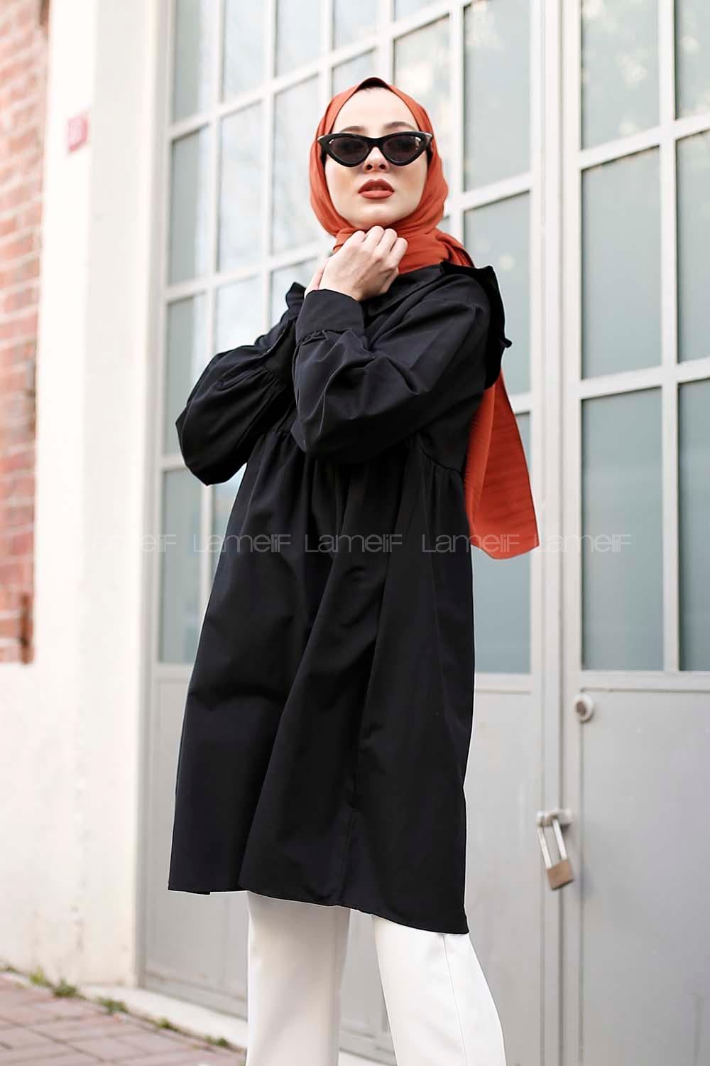 Modalamelif Pelerinli  Gömlek Siyah