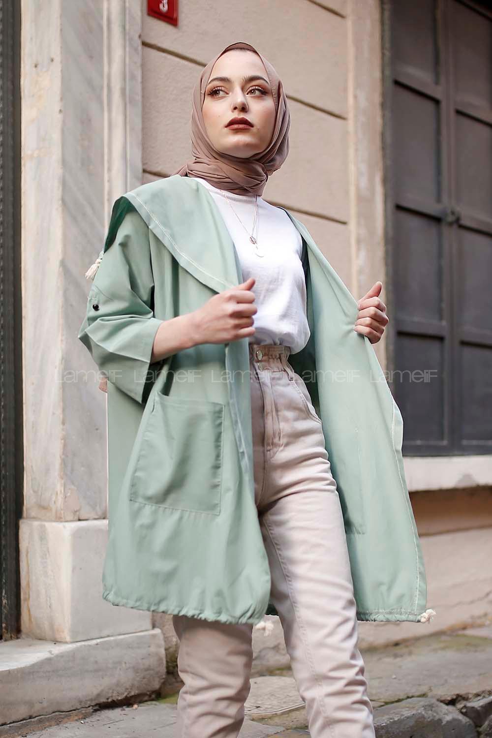 Modalamelif  Şömbre Halat Desenli Hırka Kiremit Mint Yeşili