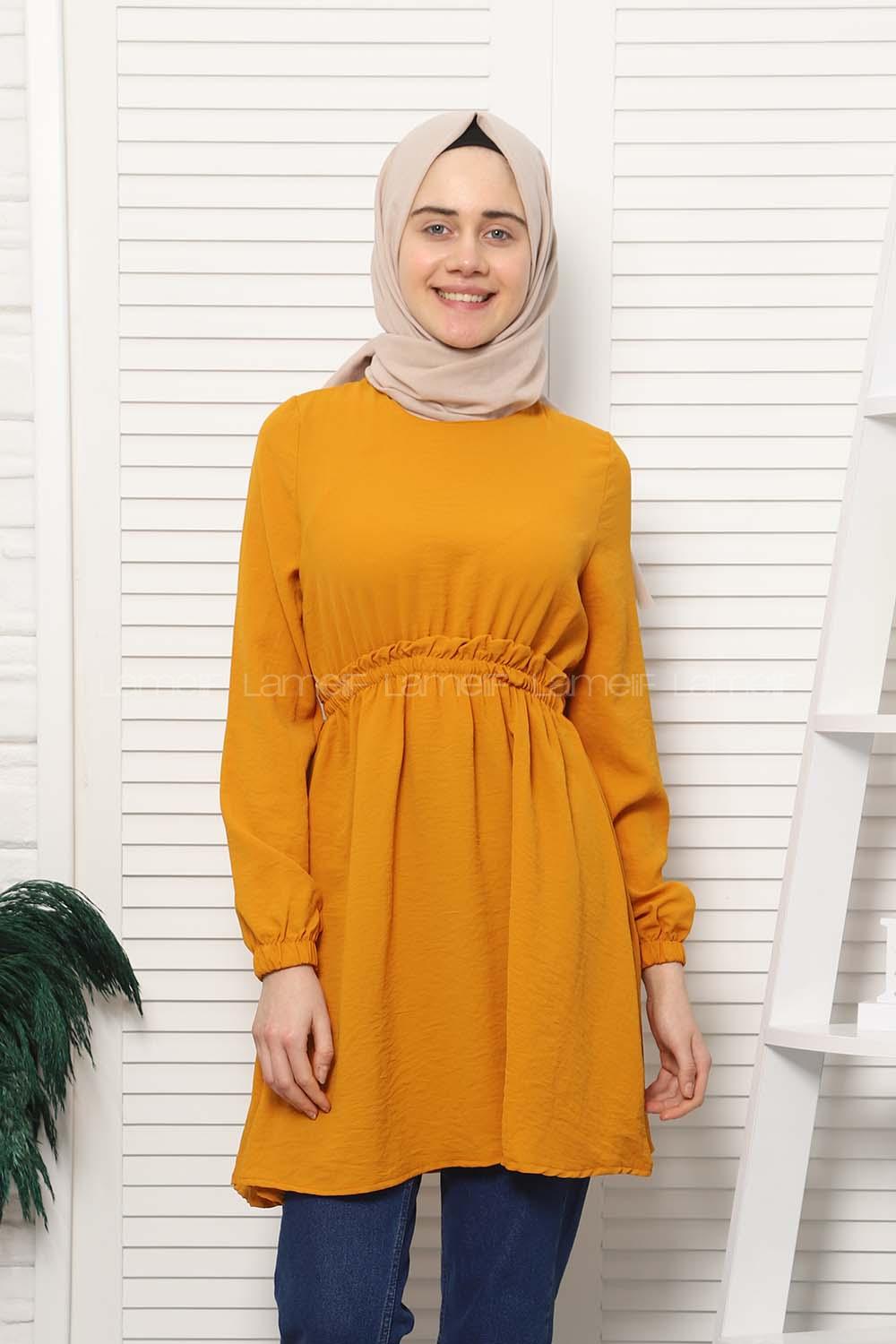 Modalamelif Bel Büzgülü Prenses Model Tunik Hardal Sarısı