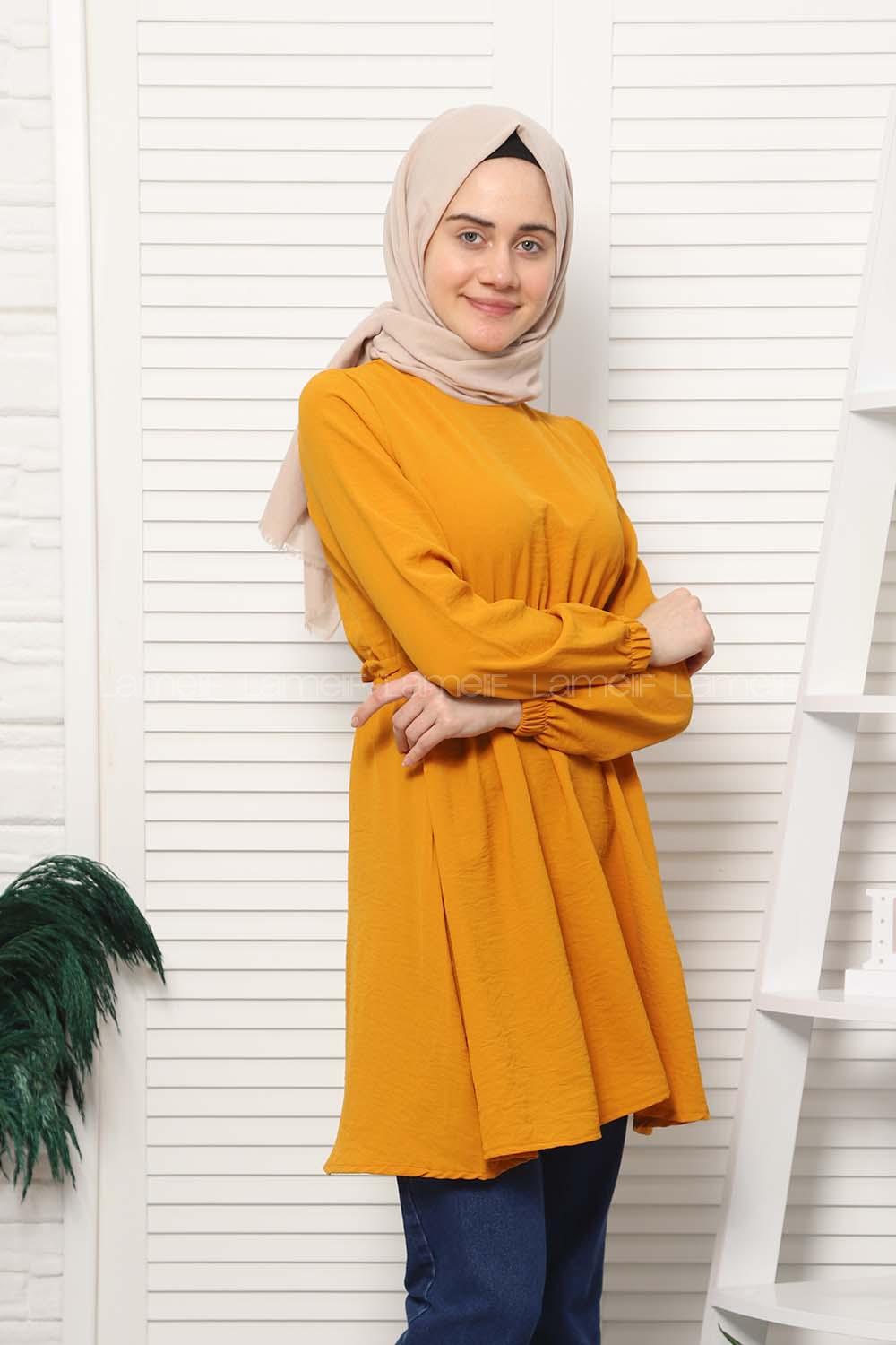 Modalamelif Bel Büzgülü Prenses Model Tunik Hardal Sarısı