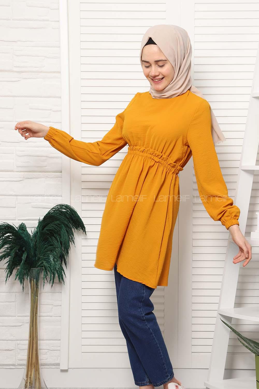 Modalamelif Bel Büzgülü Prenses Model Tunik Hardal Sarısı