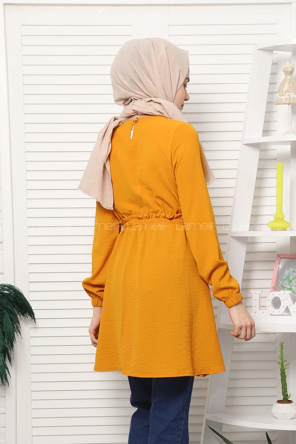 Modalamelif Bel Büzgülü Prenses Model Tunik Hardal Sarısı