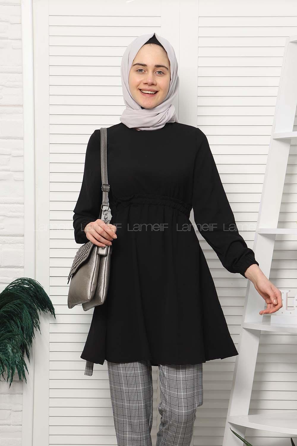 Modalamelif Bel Büzgülü Prenses Model Tunik Siyah