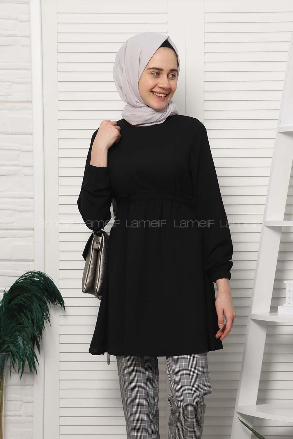 Modalamelif Bel Büzgülü Prenses Model Tunik Siyah