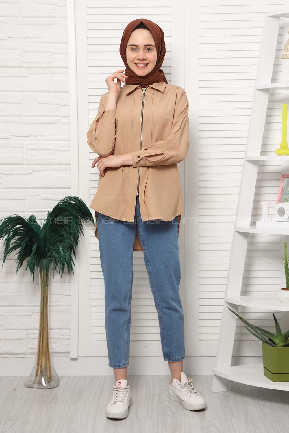 Modalamelif Halka Fermuarlı Gömlek Sütlü Kahve