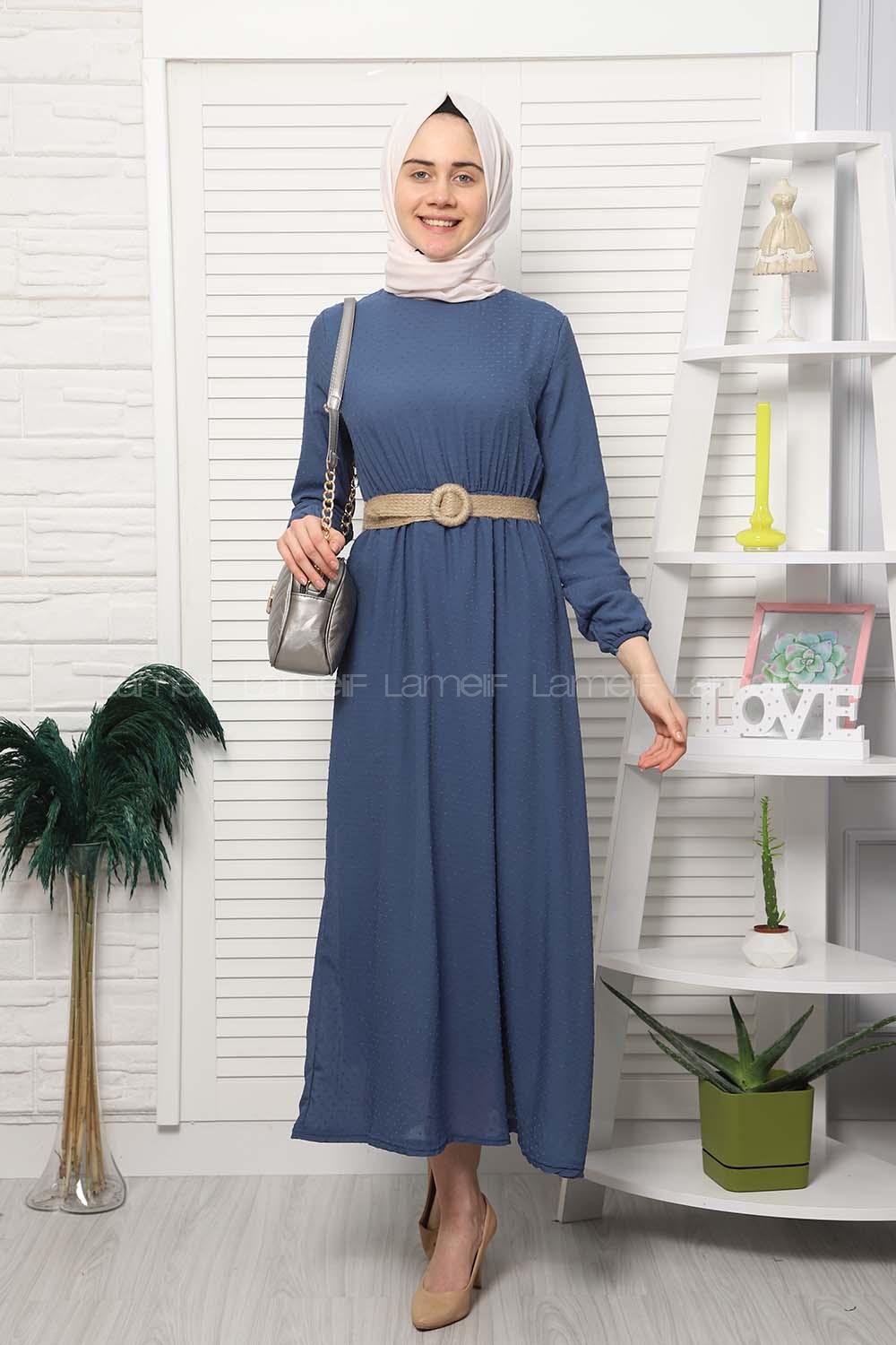 Modalamelif Hasır Kemerli Pıtırcık Desen Elbise İndigo