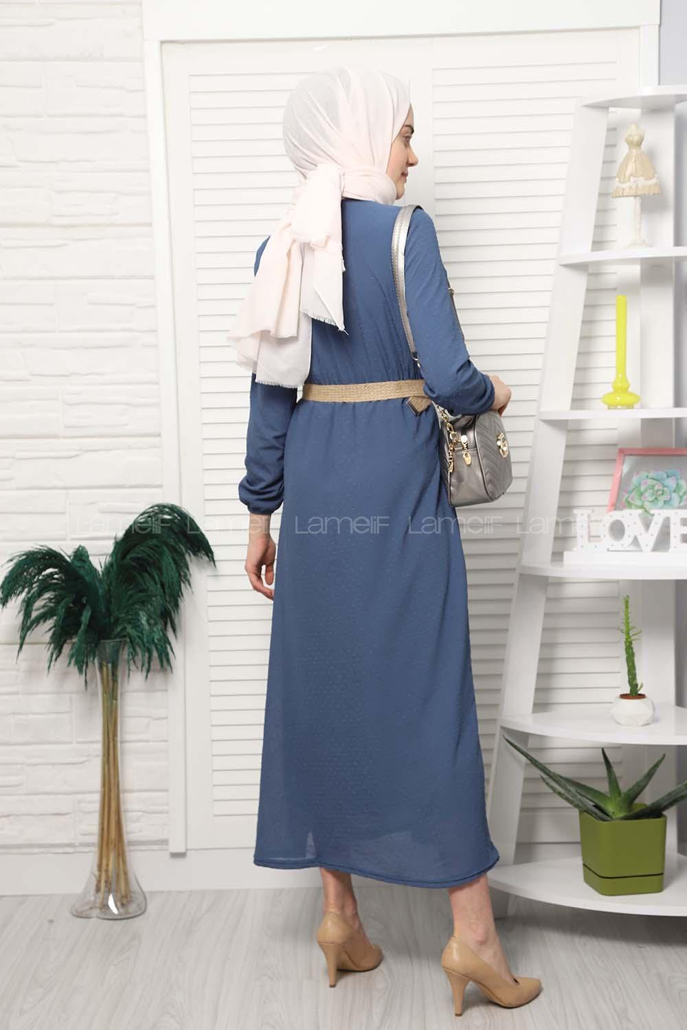 Modalamelif Hasır Kemerli Pıtırcık Desen Elbise İndigo