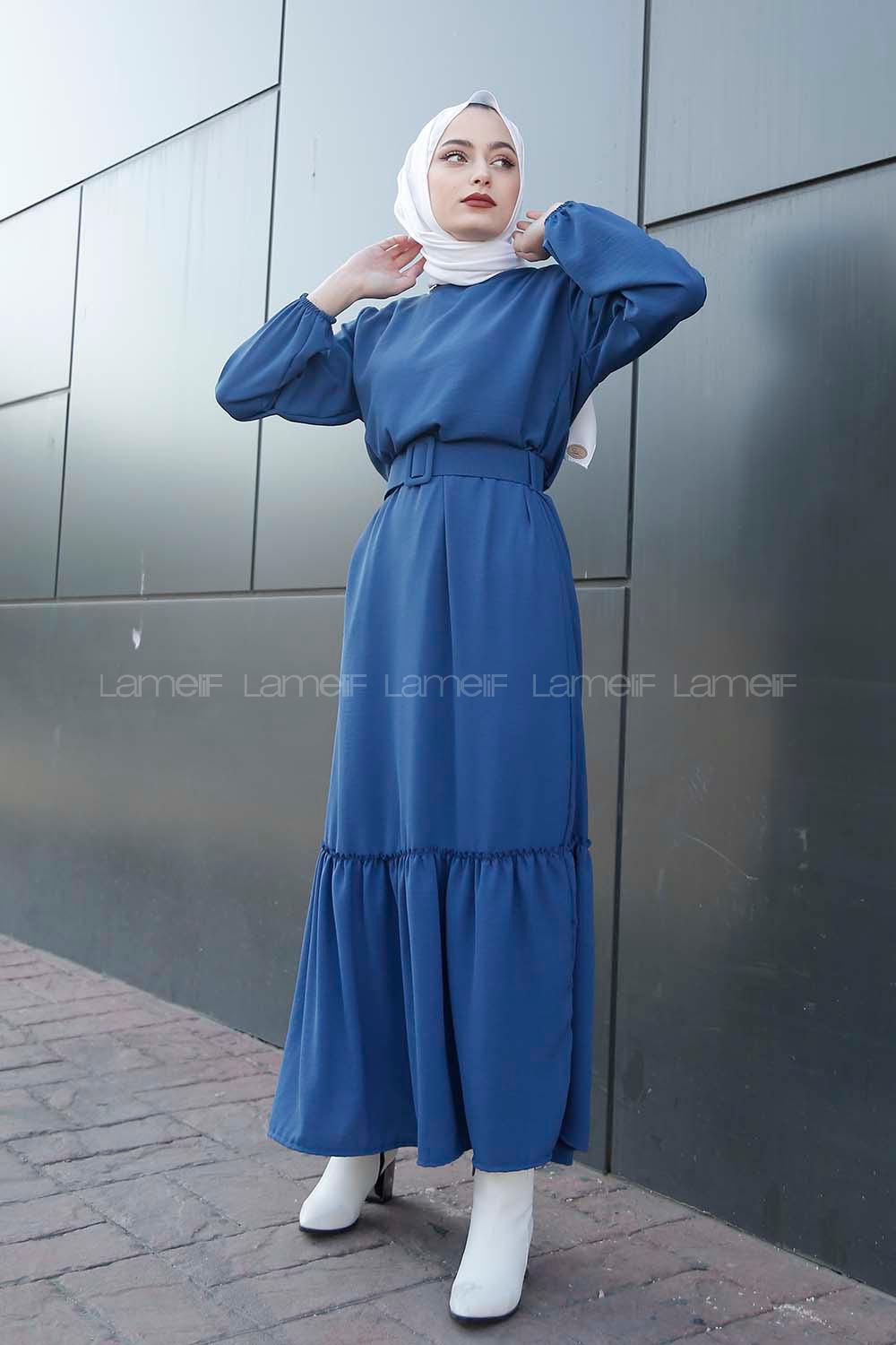 Modalamelif Kemerli Ayrobin Elbise İndigo