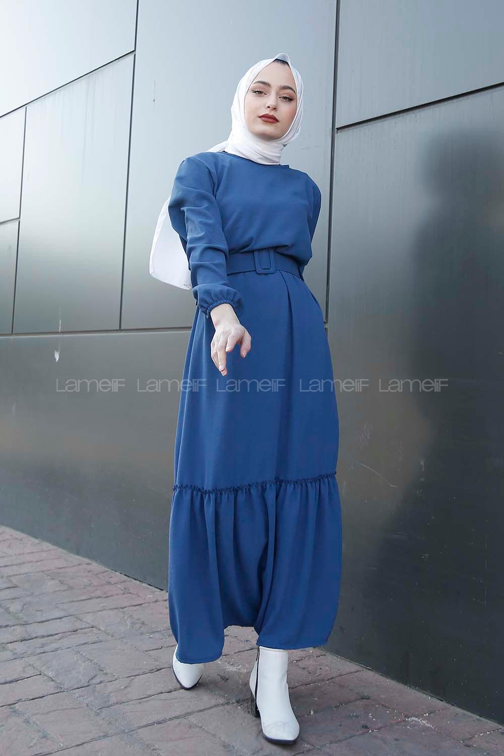 Modalamelif Kemerli Ayrobin Elbise İndigo