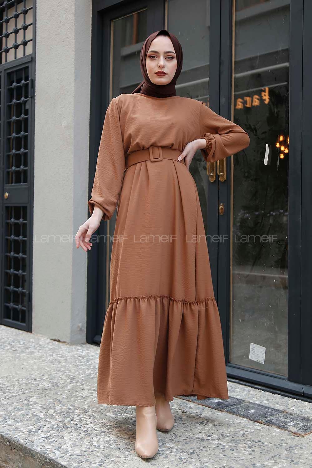 Modalamelif Kemerli Ayrobin Elbise Sütlü Kahve