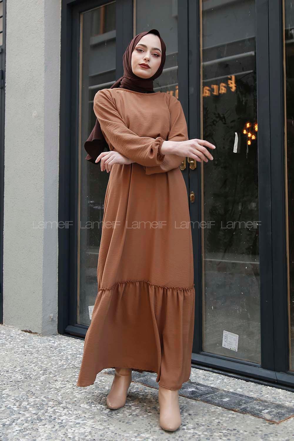 Modalamelif Kemerli Ayrobin Elbise Sütlü Kahve