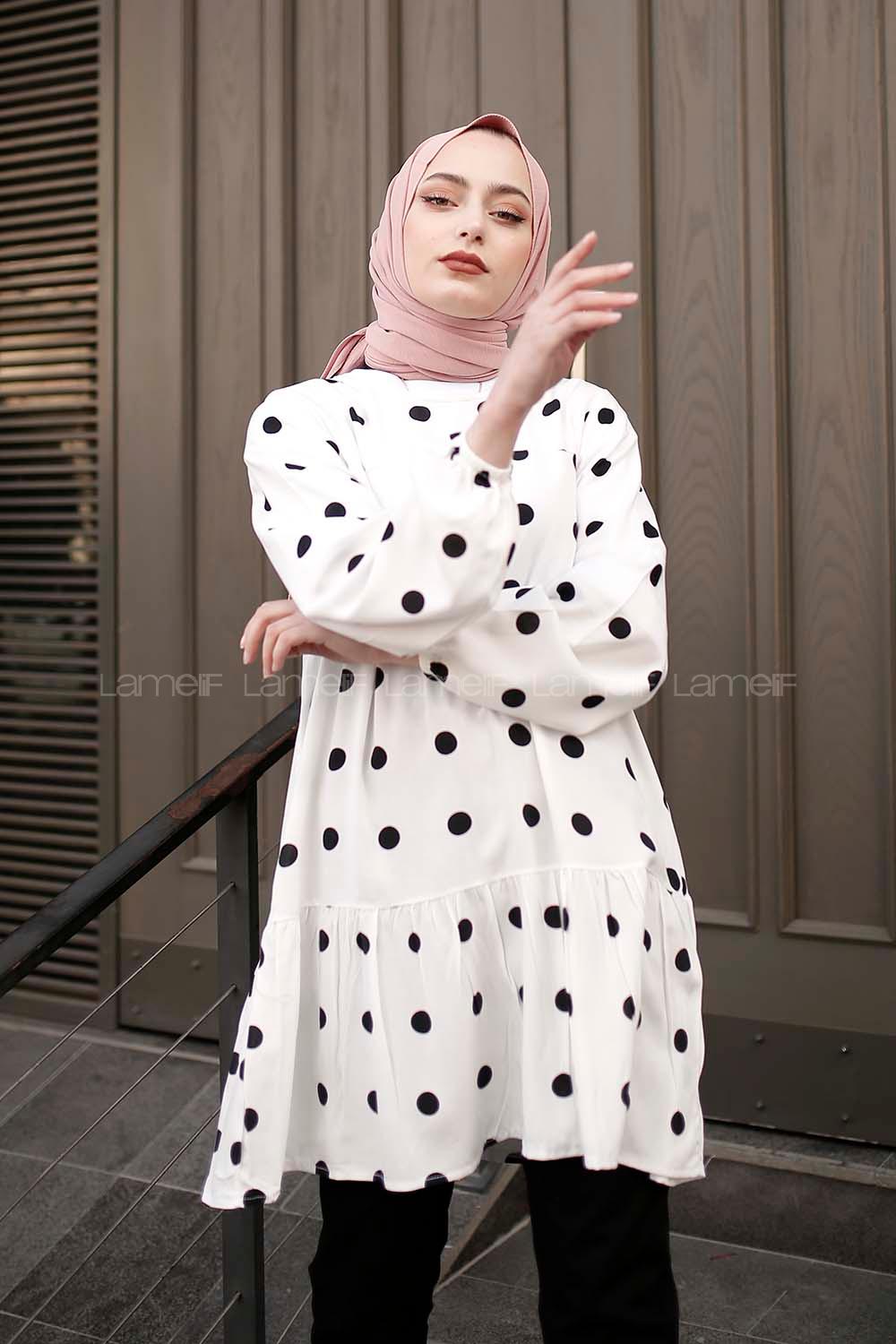 Modalamelif Puantiye Desenli Balon Kol Tunik Beyaz