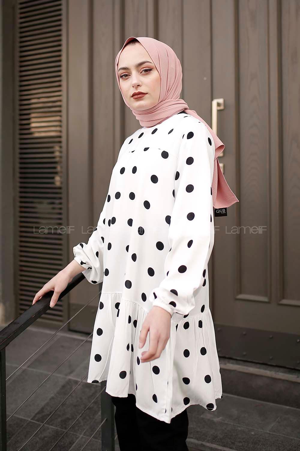 Modalamelif Puantiye Desenli Balon Kol Tunik Beyaz