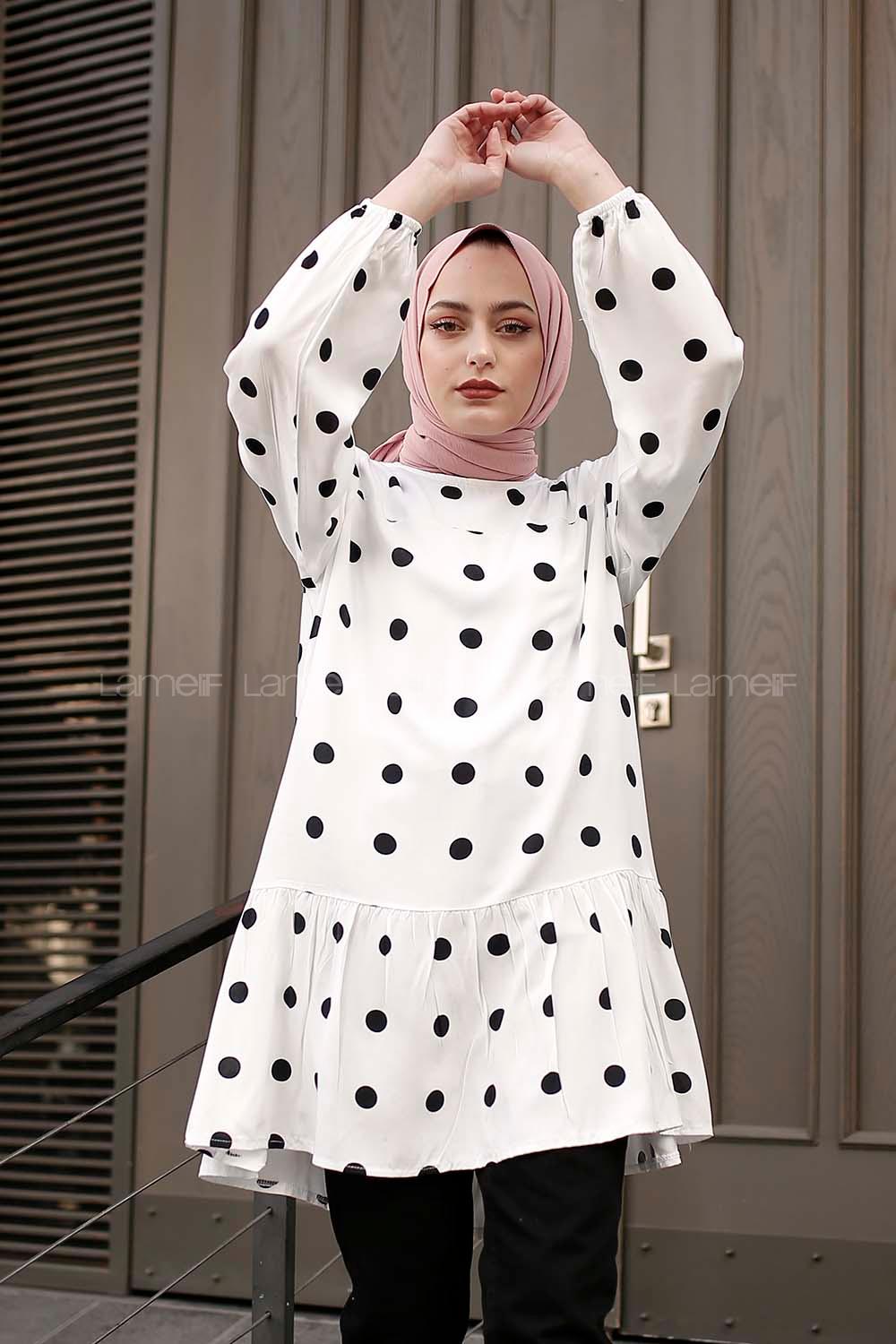 Modalamelif Puantiye Desenli Balon Kol Tunik Beyaz