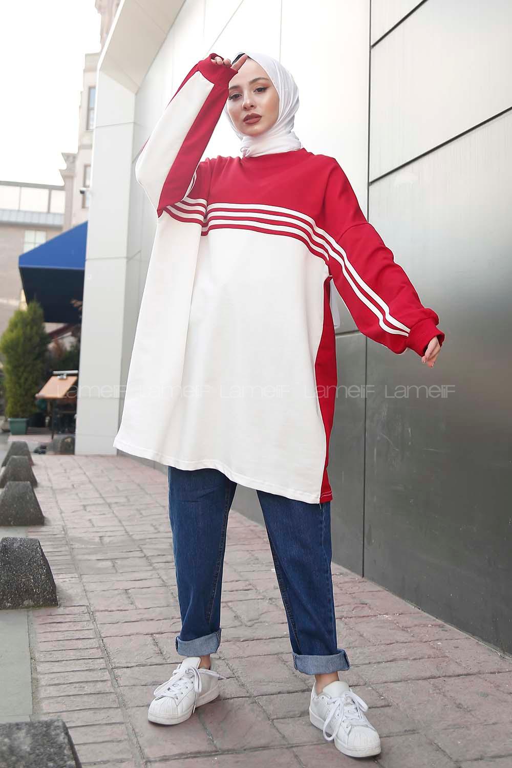 Modalamelif Şerit Çizgili Tunik Kırmızı