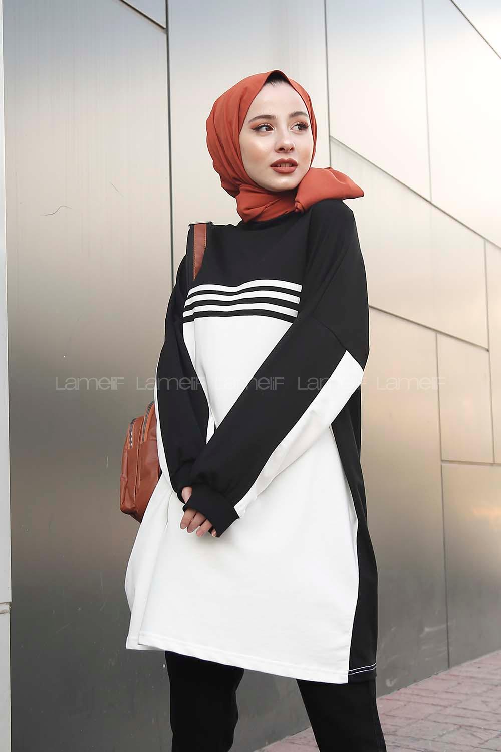 Modalamelif Şerit Çizgili Tunik Siyah