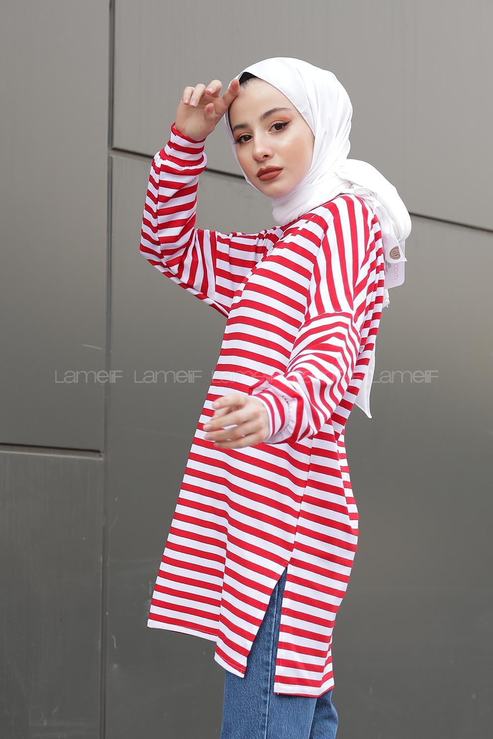 Modalamelif  Çizgili Tunik  Kırmızı