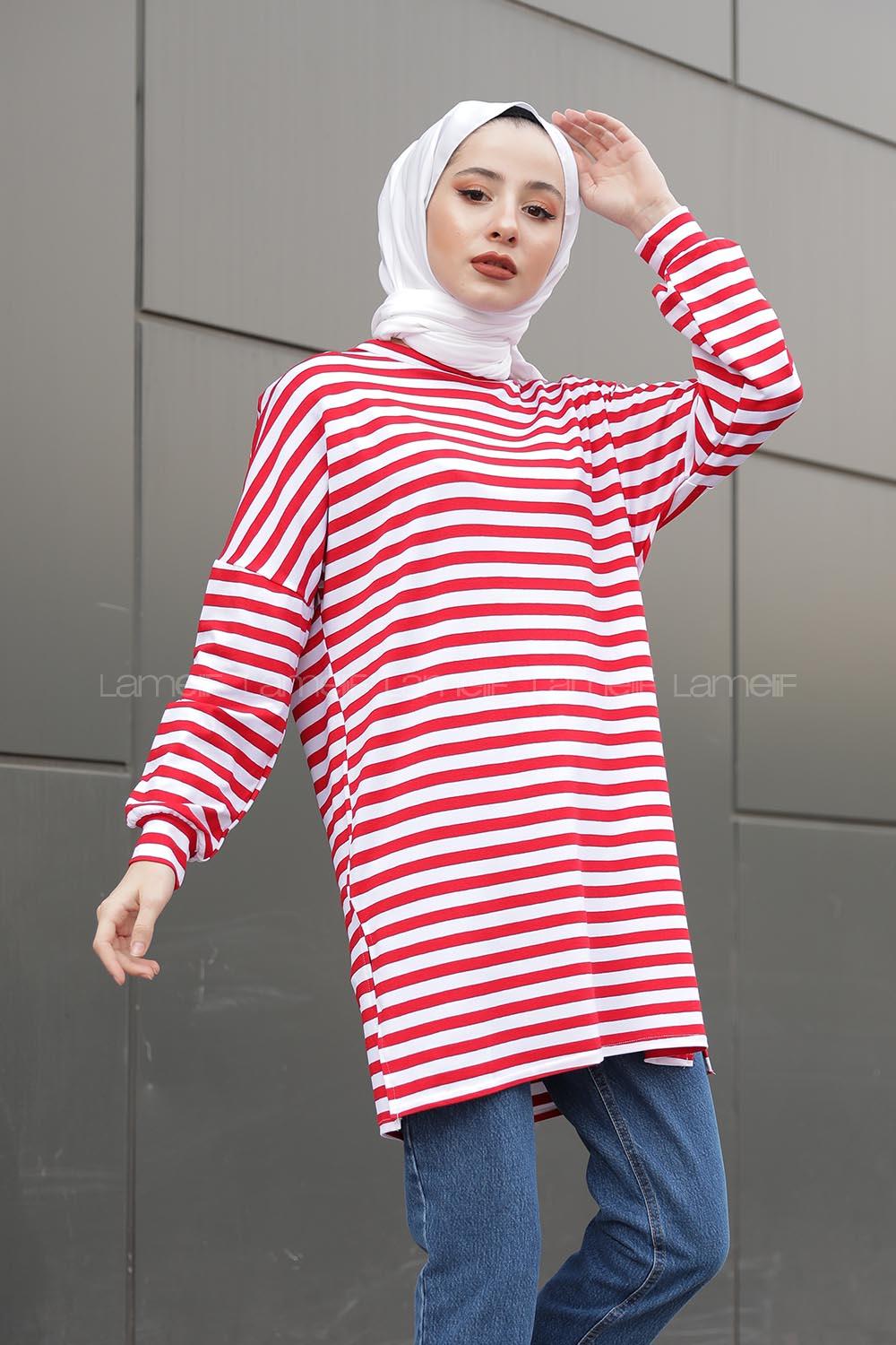 Modalamelif  Çizgili Tunik  Kırmızı