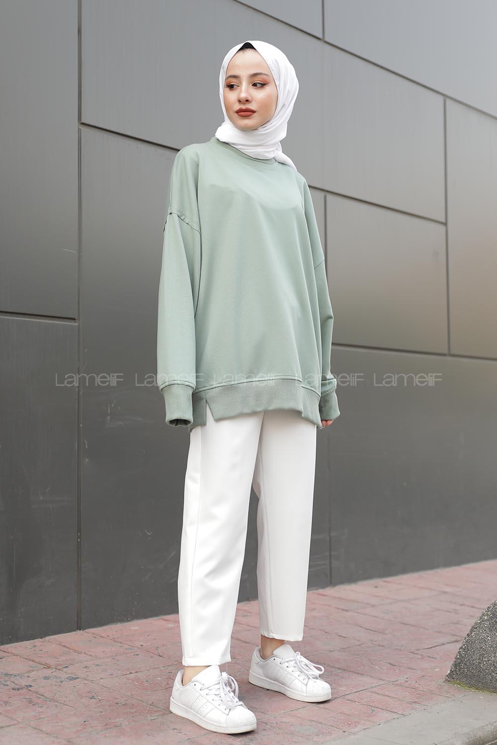 Modalamelif Düz Renkli Dikişli Sweatshırt Çağla Yeşili