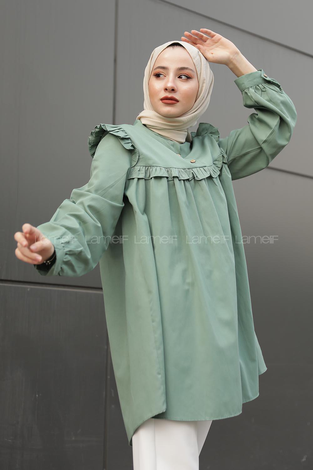 Omuz ve Göğüs Kısmı Fırfırlı Yarım Düğmeli Şık Tunik Çağla Yeşili