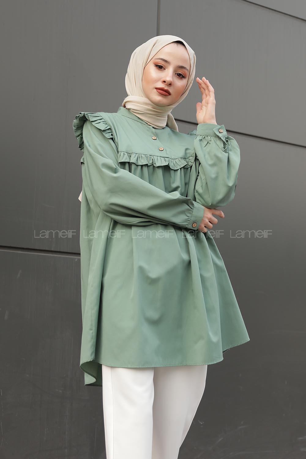 Omuz ve Göğüs Kısmı Fırfırlı Yarım Düğmeli Şık Tunik Çağla Yeşili