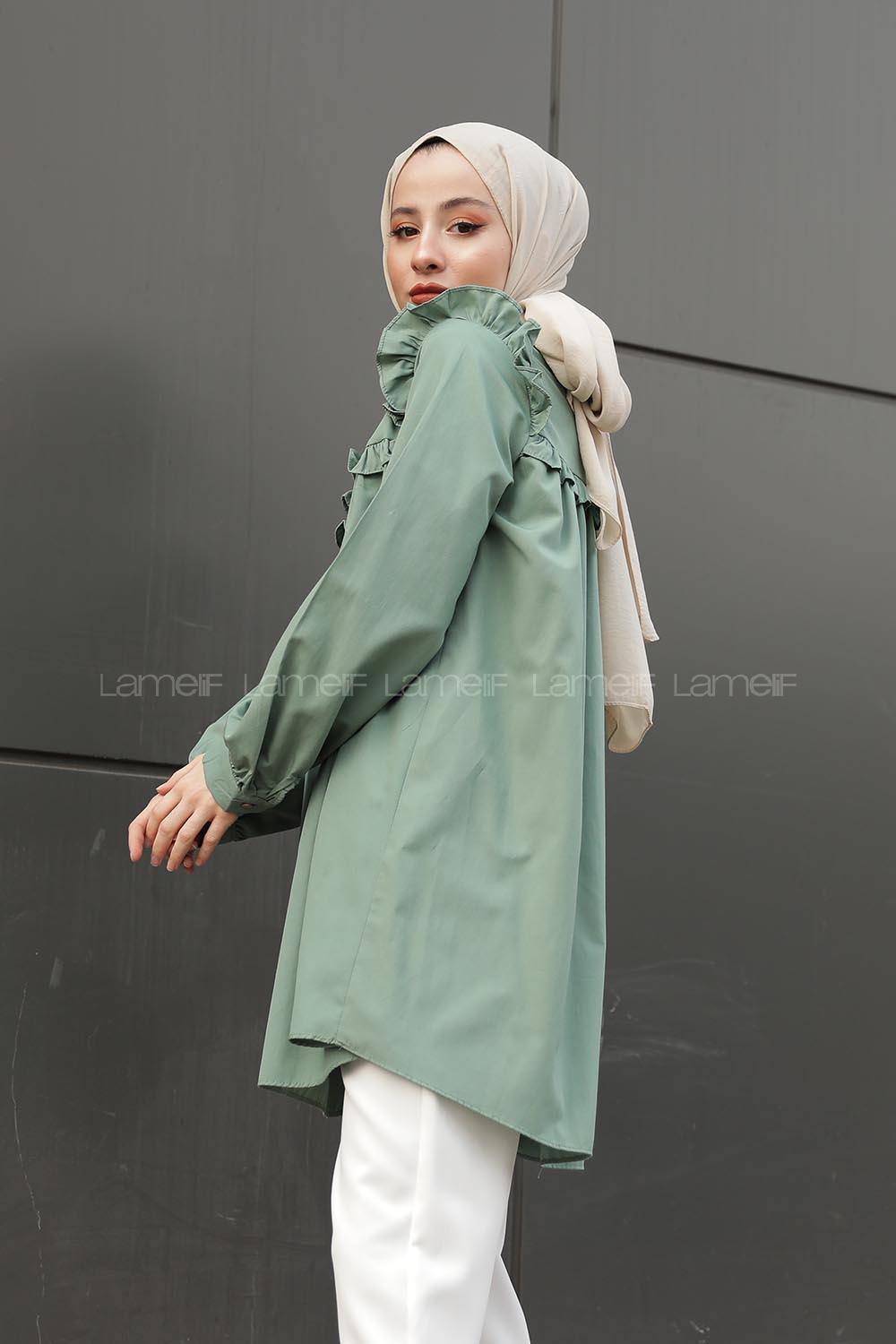 Omuz ve Göğüs Kısmı Fırfırlı Yarım Düğmeli Şık Tunik Çağla Yeşili