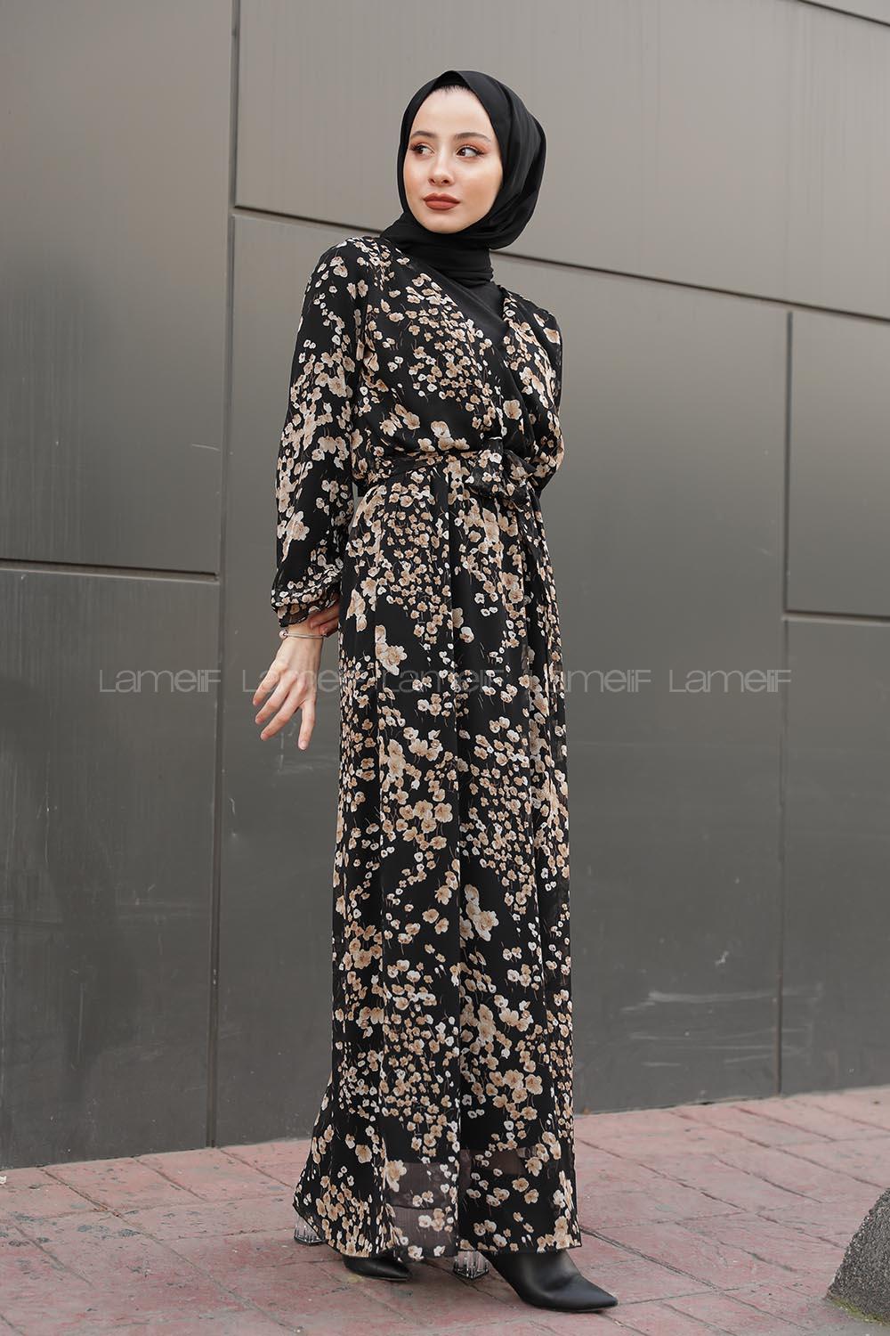 Modalamelif İçi Astarlı Çiçek Desenli Elbise Siyah
