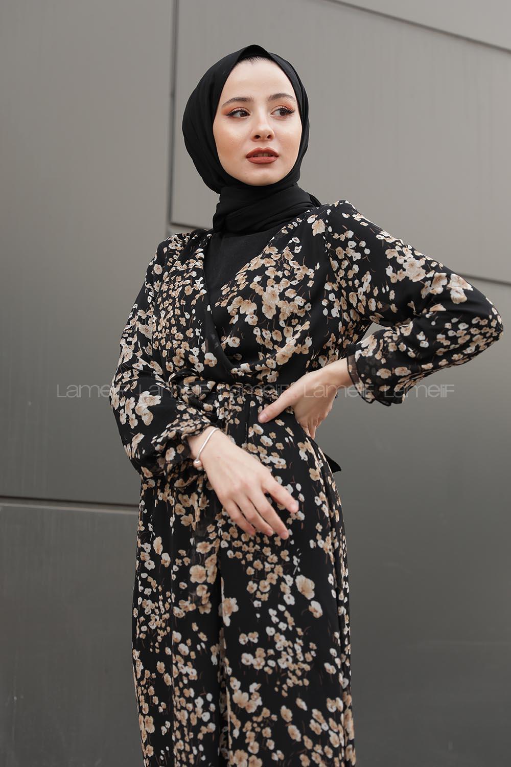 Modalamelif İçi Astarlı Çiçek Desenli Elbise Siyah