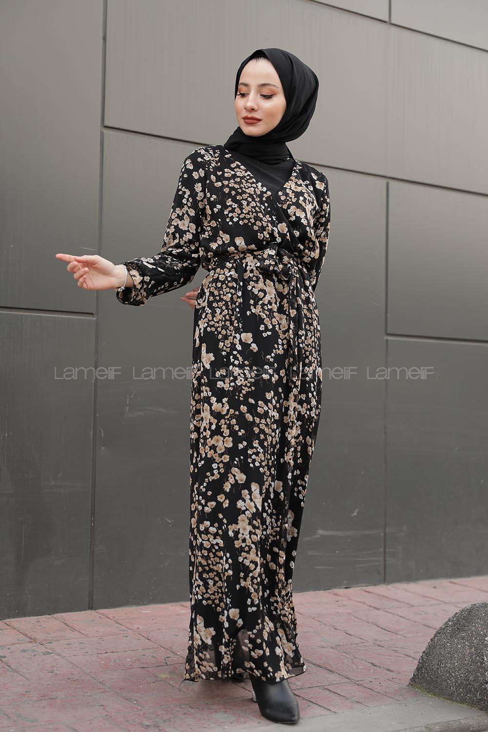 Modalamelif İçi Astarlı Çiçek Desenli Elbise Siyah