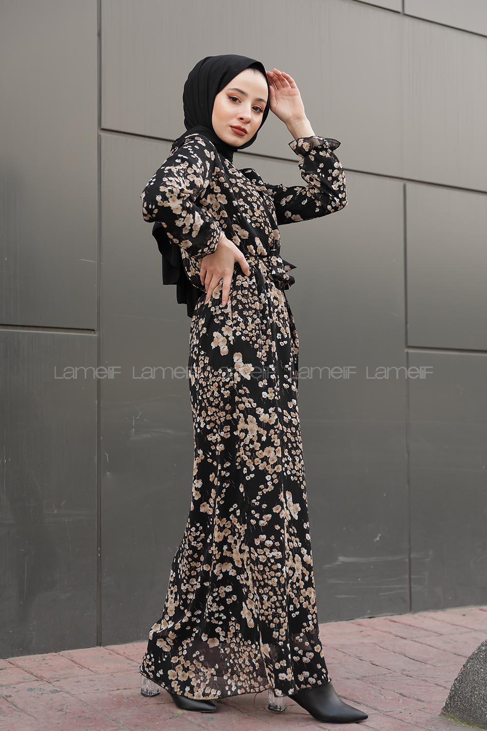 Modalamelif İçi Astarlı Çiçek Desenli Elbise Siyah
