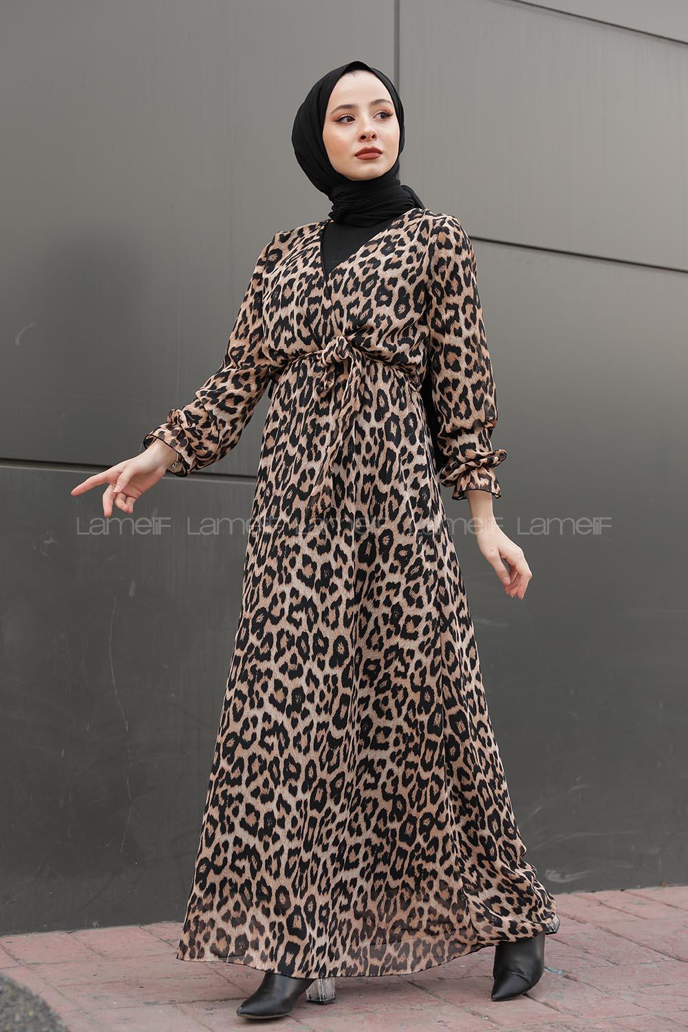 Modalamelif İçi Astarlı Leopar Desenli Elbise Siyah