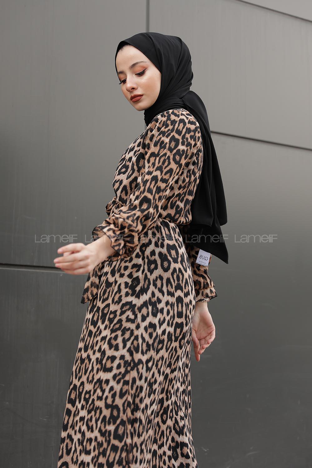 Modalamelif İçi Astarlı Leopar Desenli Elbise Siyah